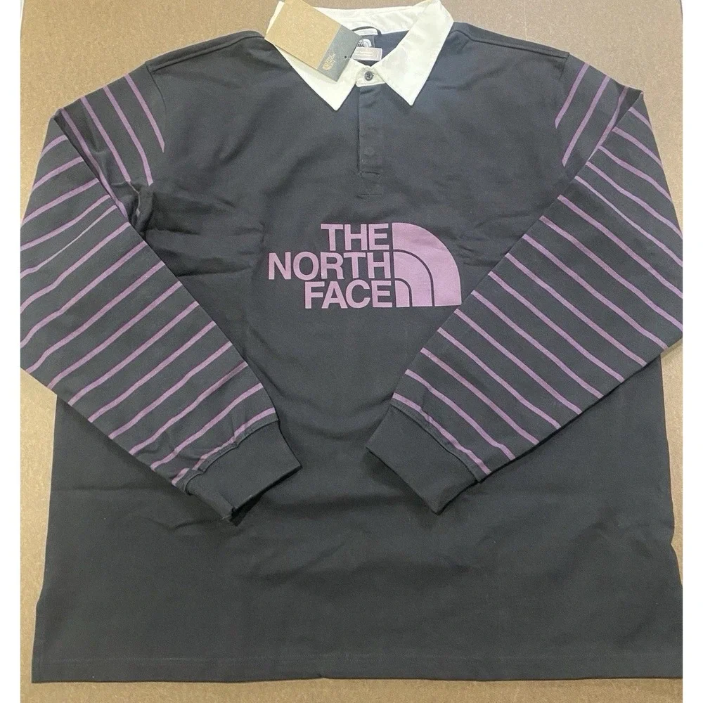 *NWT Men's MEDIUM The North Face Easy Rugby Long Sleeve Polo Black Purple Stripe